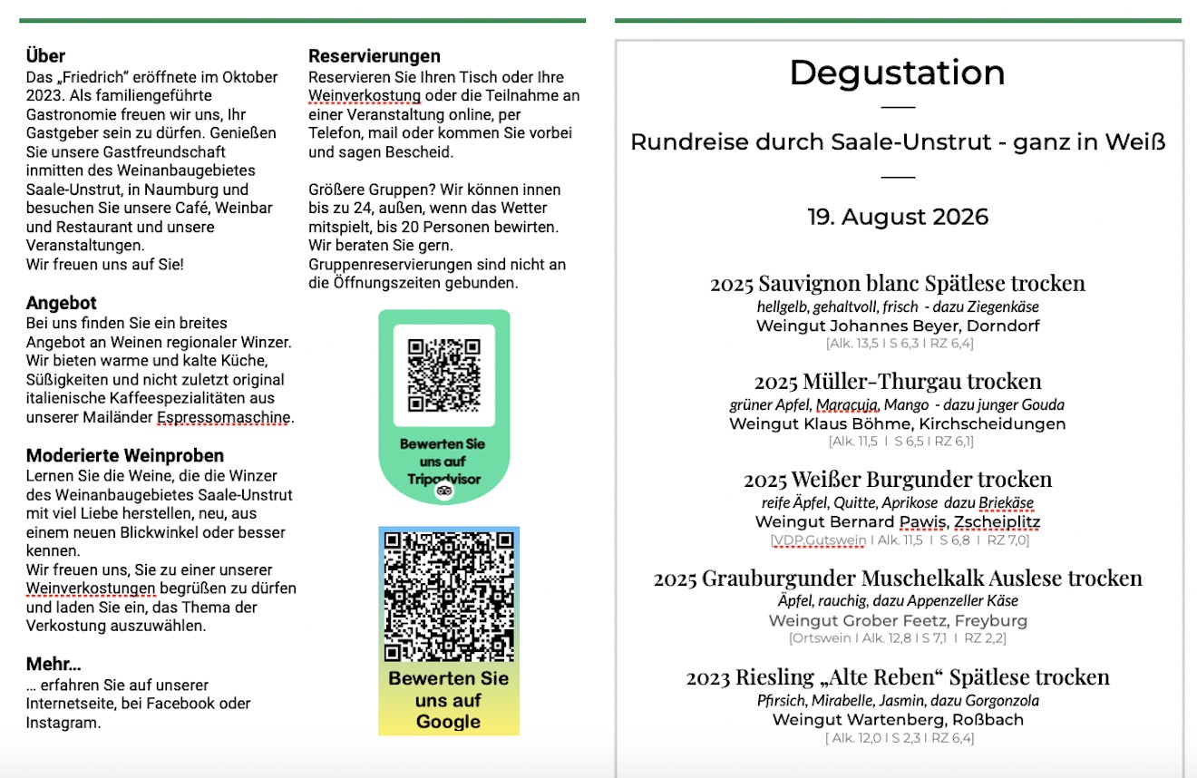 5 Weinbeispiele "Reise durch Saale/Unstrut - Ganz in Weiß" mit Käse
